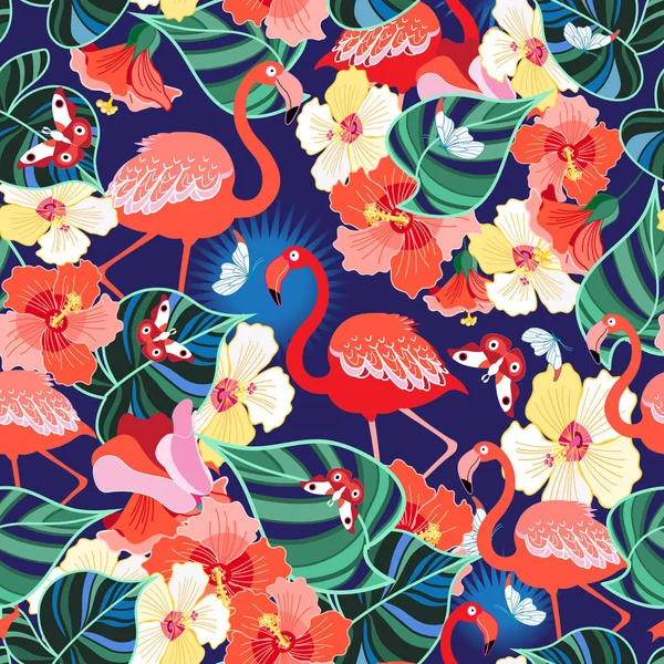 熱帯フラミンゴと蝶の明るいシームレスなパターン — ストックベクタ