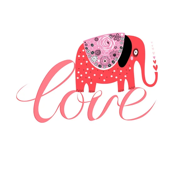 Funny red elephant in love on the inscription love — Stock Vector