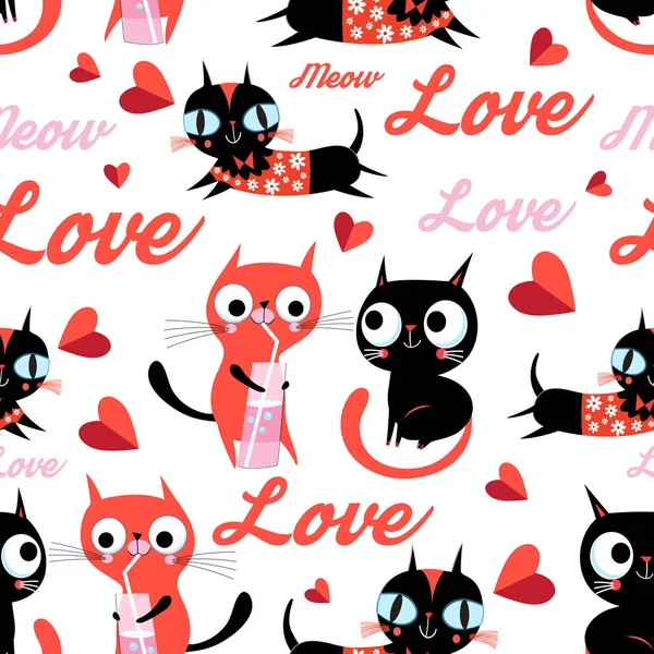 Cartone animato senza cuciture divertente modello vettoriale di gatti innamorati — Vettoriale Stock