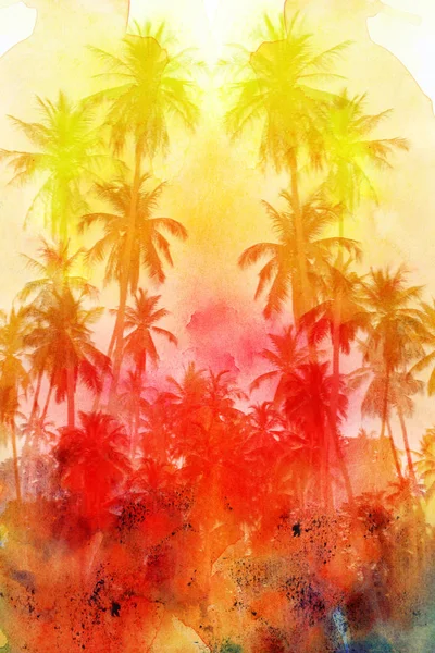 Watercolor beautiful retro tropics palm trees background — Stock Photo, Image