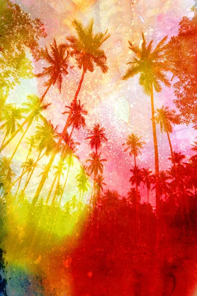 水彩画美しいレトロな熱帯ヤシの木の背景 — ストック写真