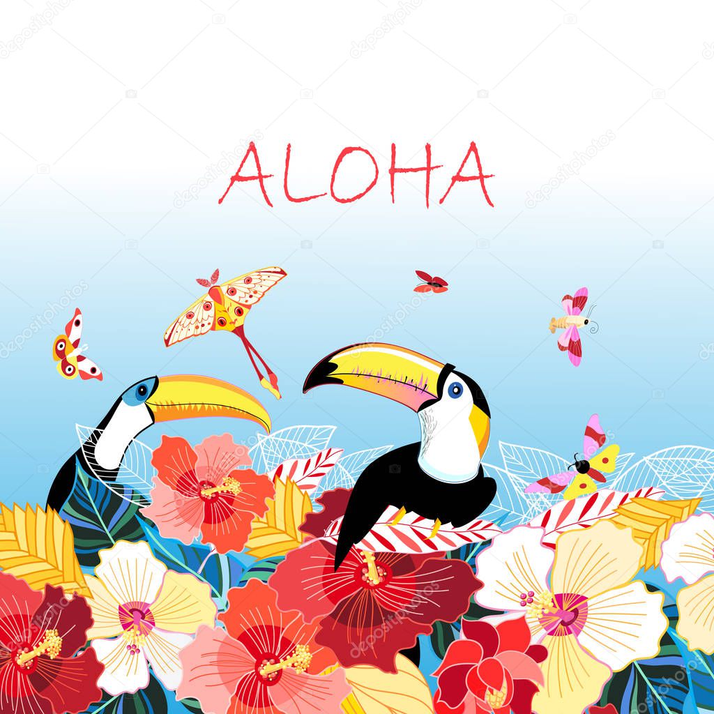 Graphics color funny birds toucans on a floral background