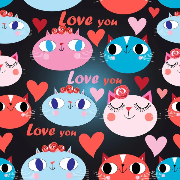 Χωρίς ραφές εορταστικά μοτίβα γάτες στην αγάπη με καρδιές — Διανυσματικό Αρχείο