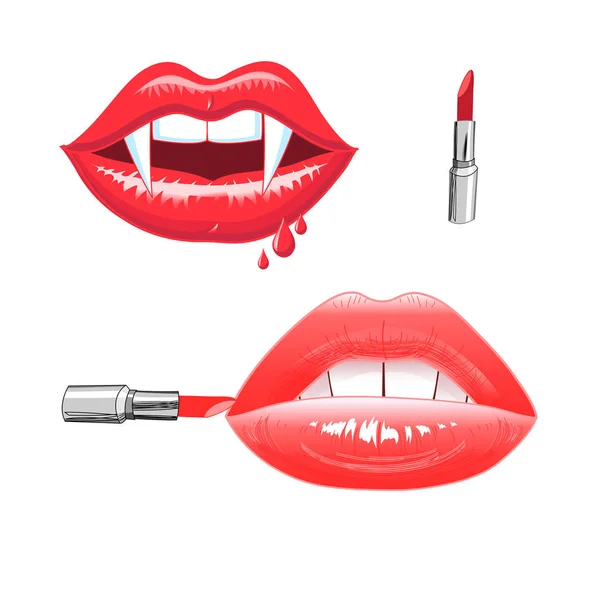 Ilustração vetorial brilhante de lábios vermelhos com batom — Vetor de Stock