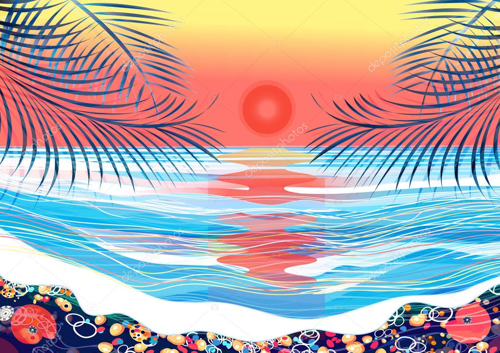 Vector tropical background with palm trees and sunset