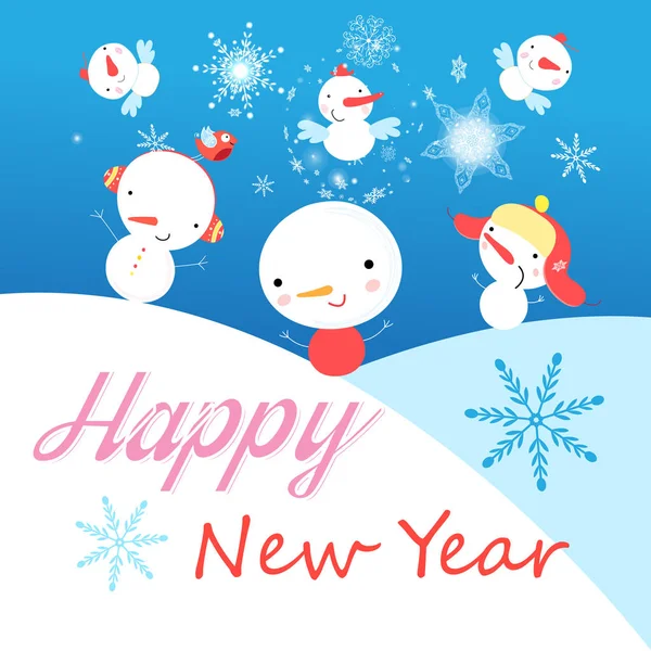 Tarjeta de Año Nuevo vector festivo con muñecos de nieve divertidos — Archivo Imágenes Vectoriales