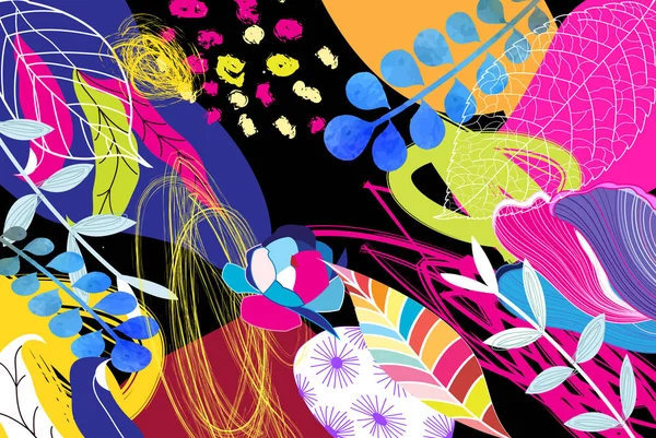 热带多彩的时尚艺术印花从异国情调的植物斑点和鲜花. — 图库矢量图片