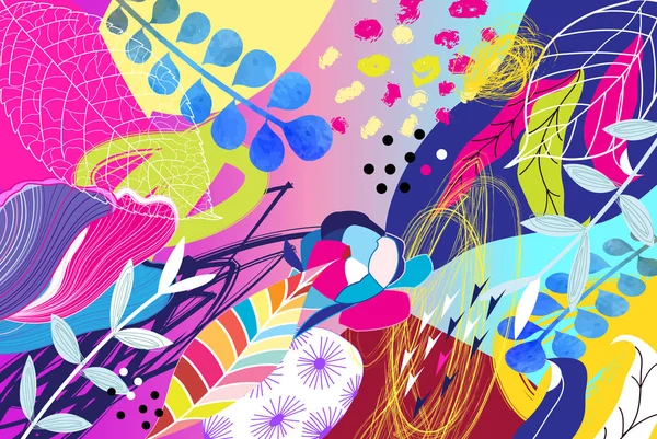 Gravure d'art tropicale colorée à la mode à partir de plantes exotiques taches et fleurs . — Image vectorielle