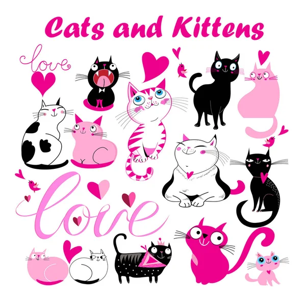 Vector set of funny kittens and cats with hearts — Stock Vector
