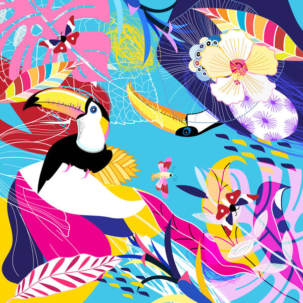 Vector tropical background with leaf and toucans