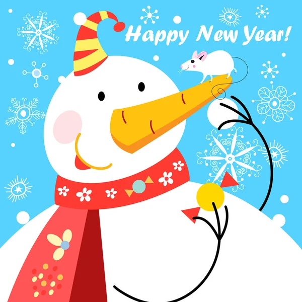 Tarjeta de felicitación vectorial festiva con un gran muñeco de nieve y un ratón sobre un fondo azul . — Archivo Imágenes Vectoriales