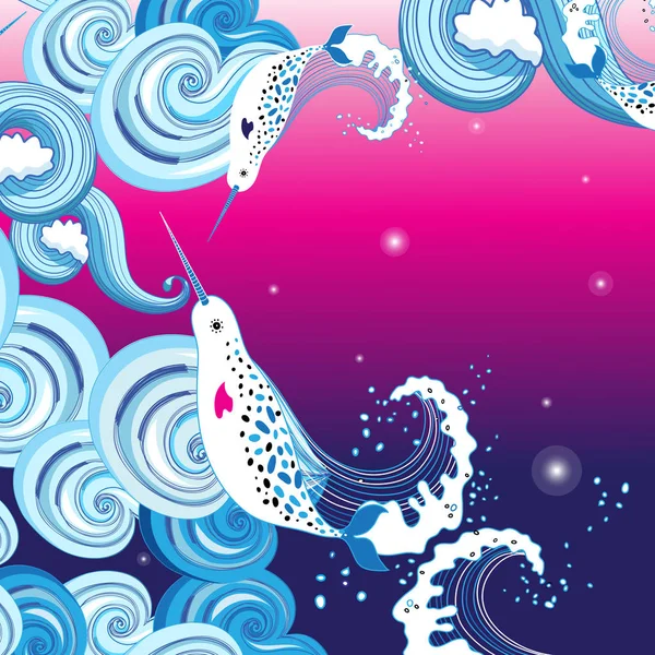 Vector beautiful background with sea waves and narwhals on lilac background. — Stock Vector