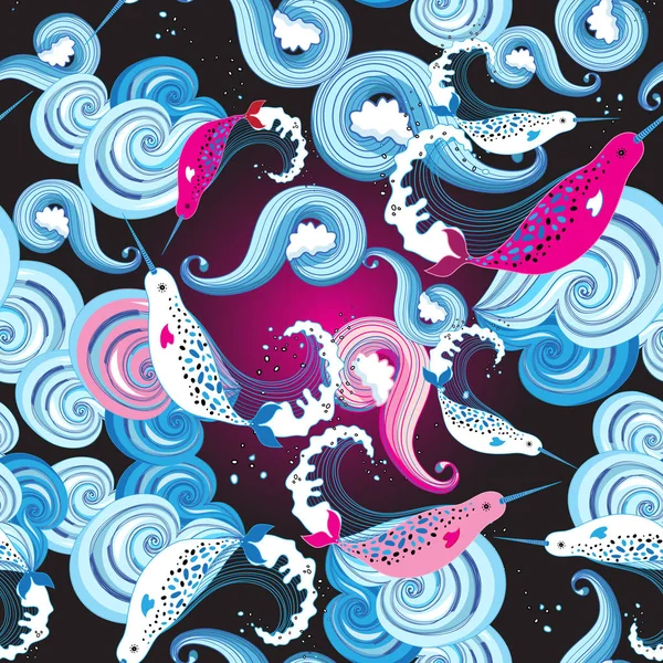 Seamless beautiful bright marine pattern with narwhals. — Stock Vector