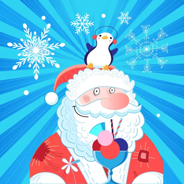 Vektor helle Neujahrskarte mit Weihnachtsmann und Pinguin — Stockvektor