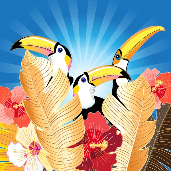 Ilustração tropical com folhas de palmeira e tucanos —  Vetores de Stock