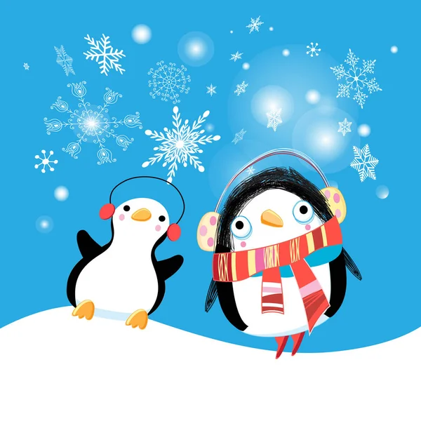 New year bright card with funny penguins — Stock Vector