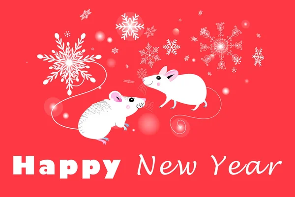 Tarjeta postal vectorial de Navidad de ratones blancos sobre un fondo rojo — Vector de stock