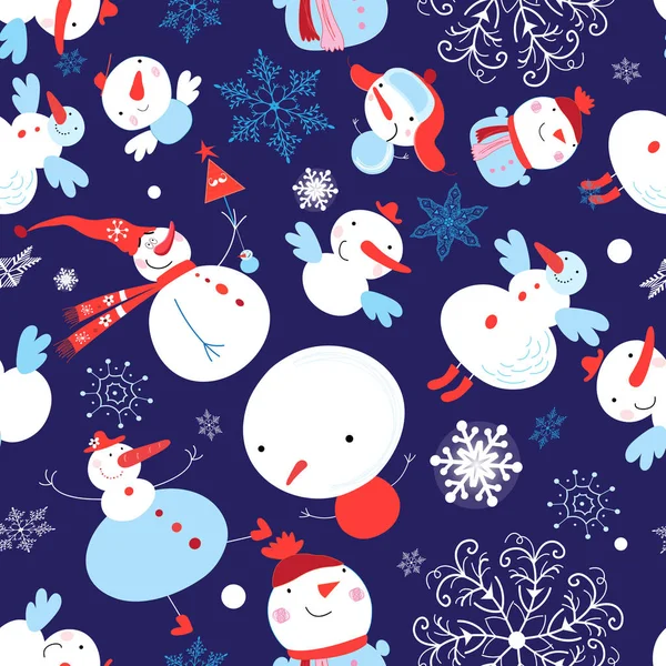 Patrón de color de Navidad de muñecos de nieve divertidos sobre un fondo azul — Vector de stock