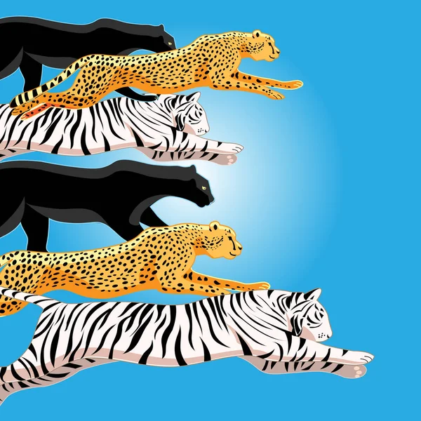 Illustrazione di pantere saltanti, tigri e ghepardi su uno sfondo tropicale soleggiato . — Vettoriale Stock