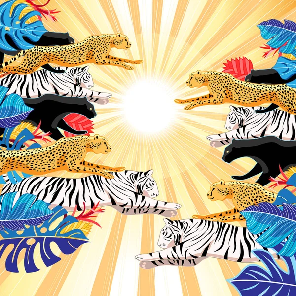 Illustration springender Panther, Tiger und Geparden auf einem sonnigen tropischen — Stockvektor