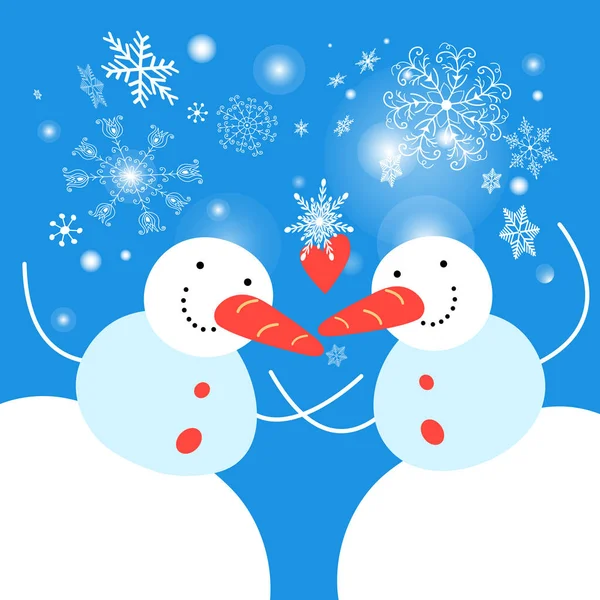 Nieuwjaar kaart met grappige sneeuwpoppen op een blauwe achtergrond met — Stockvector