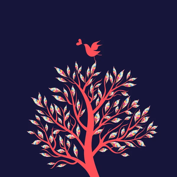 Bel arbre merveilleux avec un oiseau amoureux — Image vectorielle