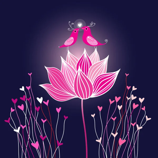 Γραφικά πτηνά διάνυσμα στην αγάπη σε ένα λουλούδι λωτού — Διανυσματικό Αρχείο