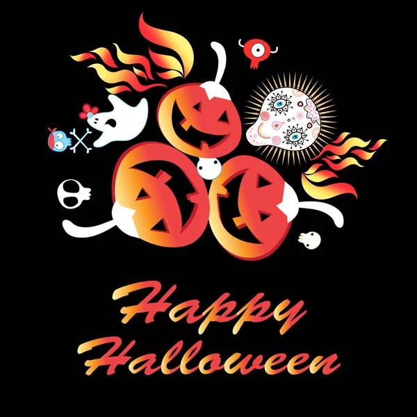 Tarjeta de felicitación con calabazas y calaveras divertidas para Halloween — Vector de stock