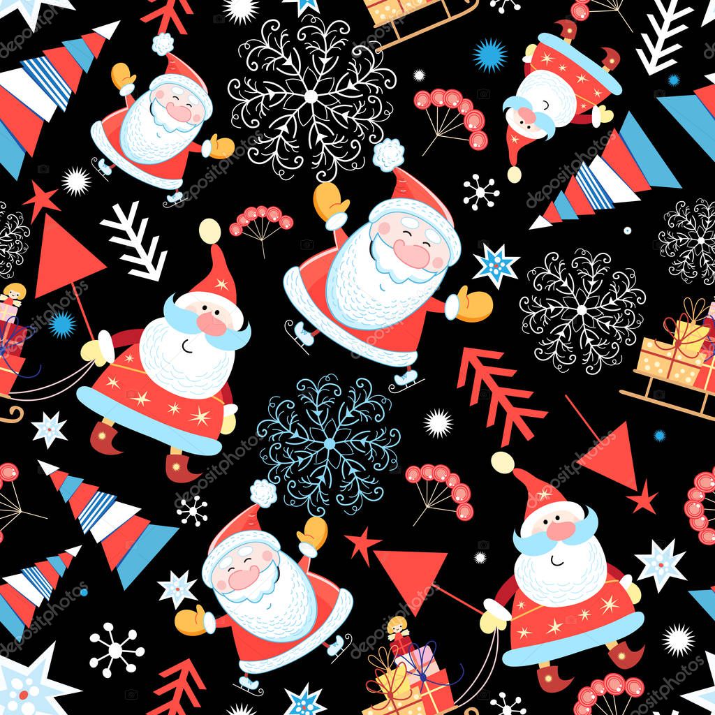 Seamless pattern of Santa Claus and Christmas trees