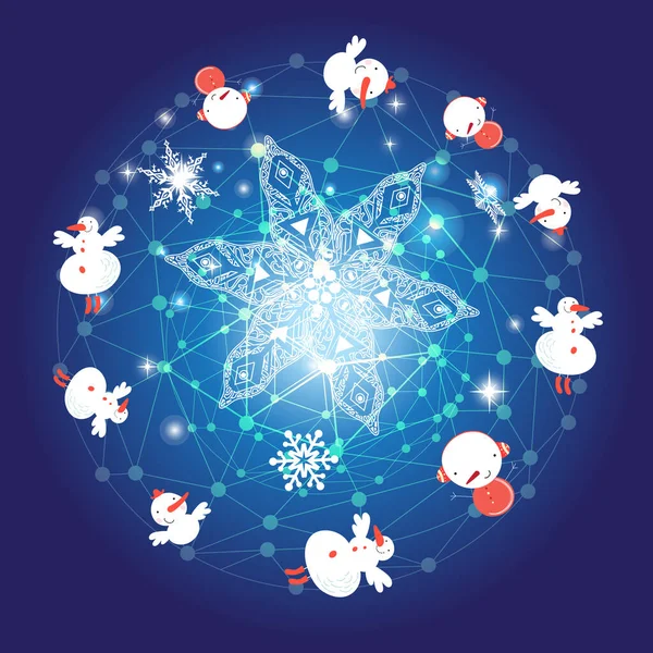 Векторный графический забавный плакат со снежинками и снеговиками — стоковый вектор