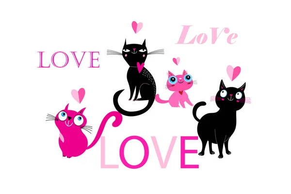 Vektor Katter Kärlek Och Kärlek Bokstäver Vit Isolerad Bakgrund För — Stock vektor