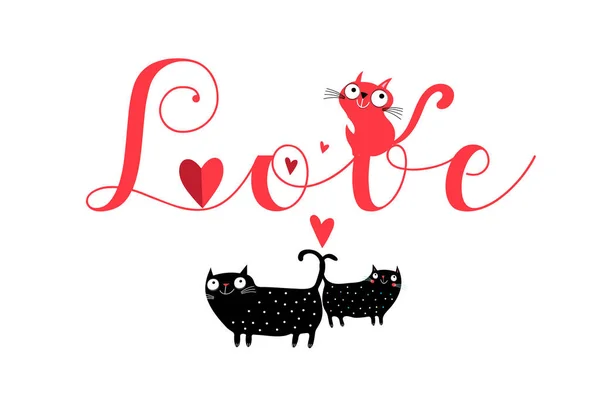 Vector lettering love with cats and hearts — Stock Vector
