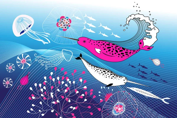 배경에 고래와 물고기가 파란색 배경에는 해파리가 있습니다 광고의 — 스톡 벡터