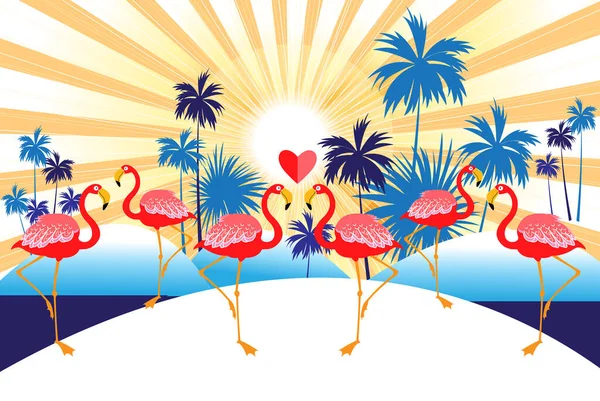 赤フラミンゴやヤシの木と熱帯ベクトル背景 熱帯のエキゾチックな休日を宣伝するためのデザイン — ストックベクタ