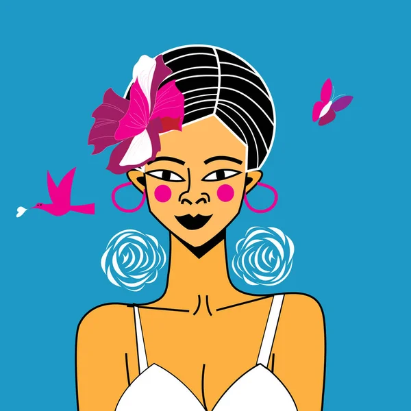 Retrato Una Hermosa Chica Africana Con Una Flor Sobre Fondo — Vector de stock