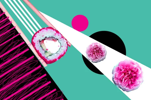 Popkonst Bild Med Sushi Och Blommor Geometrisk Bakgrund Affischkonst Med — Stockfoto