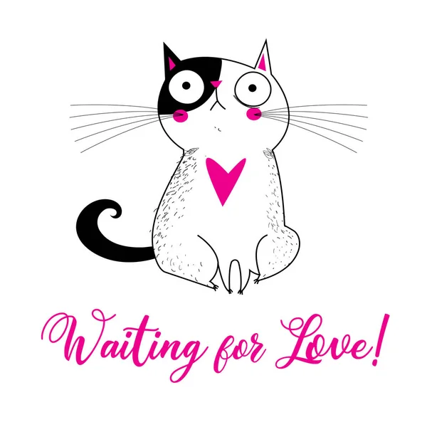 Vector Illustration Lovely Cat Love Heart White Background Valentine Day — Stock Vector