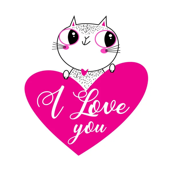 Vector Illustration Lovely Cat Love Heart White Background Valentine Day — Stock Vector