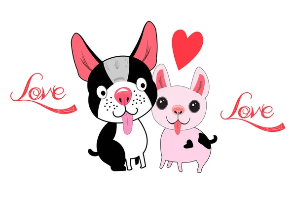 白い背景に愛情のある犬と心を持つイラスト バレンタインデーの休日カード — ストックベクタ
