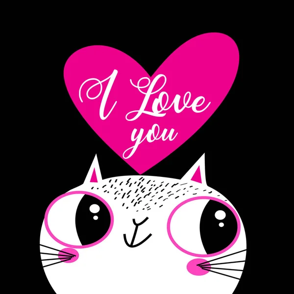 Ilustración Vectorial Precioso Gato Enamorado Corazón Sobre Fondo Negro Para — Archivo Imágenes Vectoriales