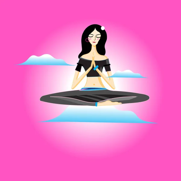 Ilustración Una Chica Yogui Sobre Nubes Cielo Sobre Fondo Rosa — Vector de stock