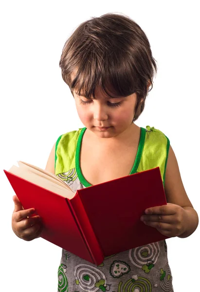 Bambina Con Libro Rosso Posa Sfondo Bianco — Foto Stock