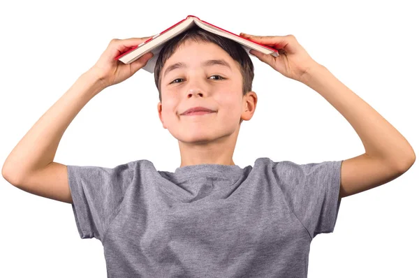 Kafası Beyaz Arka Planda Gülümseyen Bir Kitap Ile Sevimli Çocuk — Stok fotoğraf