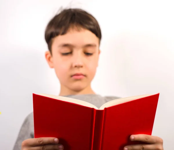 Beyaz Arka Planda Kırmızı Bir Kitap Okuma Sevimli Çocuk — Stok fotoğraf