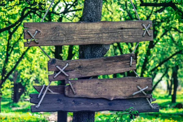 緑の庭の空白の木製の標識 — ストック写真