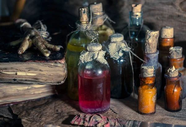 Una Cosa Brujería Múltiples Botellas Tintura Racimos Hierbas Sanas Secas —  Fotos de Stock