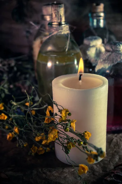 Cadılık malzemesi: çoklu tentür şişeleri, bir yığın kuru sağlıklı ot, antik ritüel kitapları, tılsımlar, mumlar, tavuk ayakları, tıbbi ve sihirli bitkiler.. 