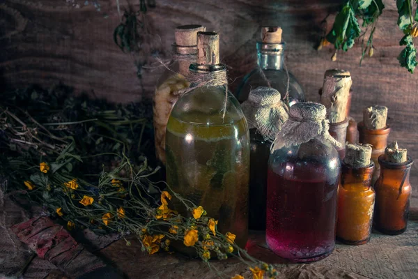 Een Hekserij Spul Meerdere Tinctuur Flessen Trossen Droge Gezonde Kruiden — Stockfoto
