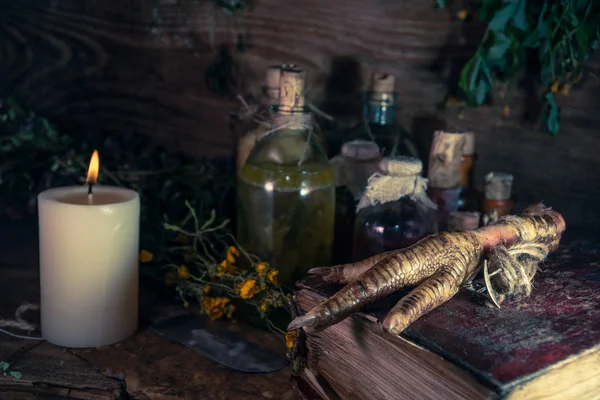 Ett Häxeri Grejer Flera Tinktur Flaskor Klasar Torra Friska Örter — Stockfoto