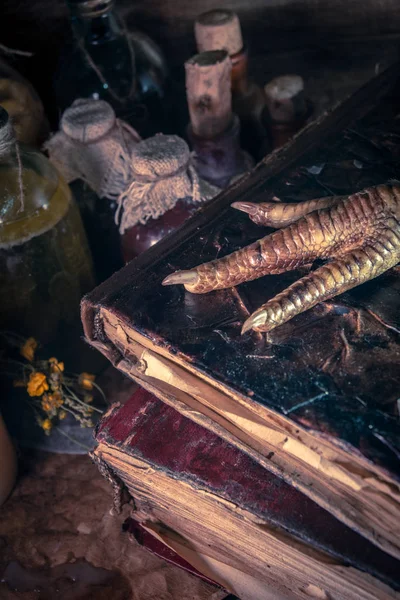 Cadılık malzemesi: çoklu tentür şişeleri, bir yığın kuru sağlıklı ot, antik ritüel kitapları, tılsımlar, mumlar, tavuk ayakları, tıbbi ve sihirli bitkiler.. 